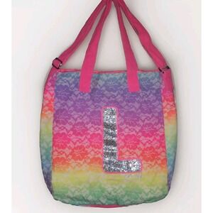 Justice Monogram Tote Bag Silver Sequins "L" Lace Rainbow Print